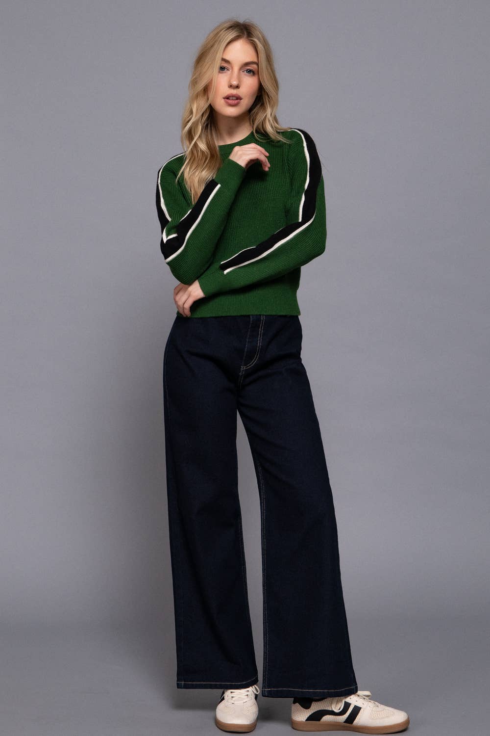 Long Sleeve Round Neck Stripe Detail Sweater