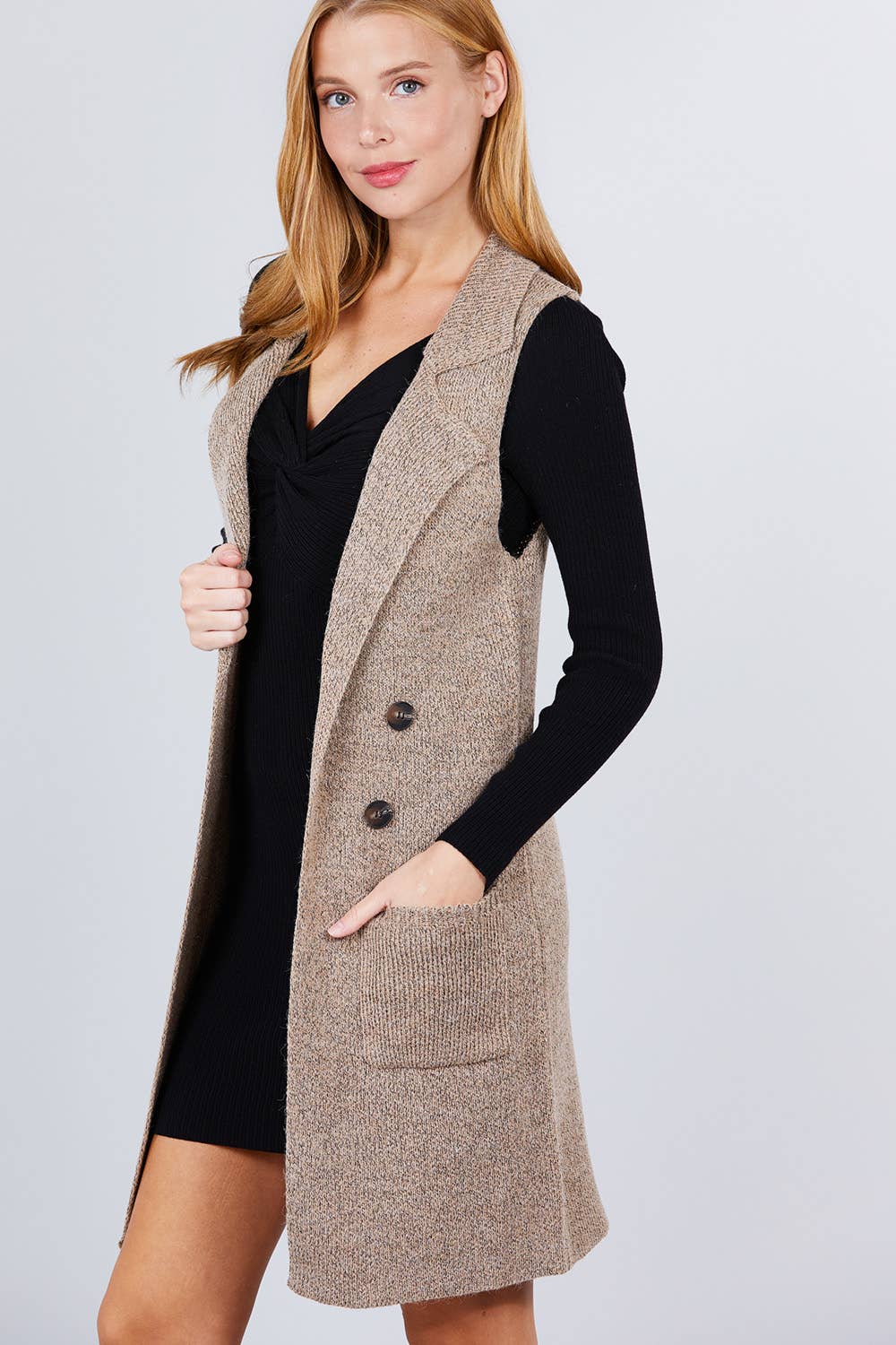 Sleeveless Notched Collar Long Sweater Vest