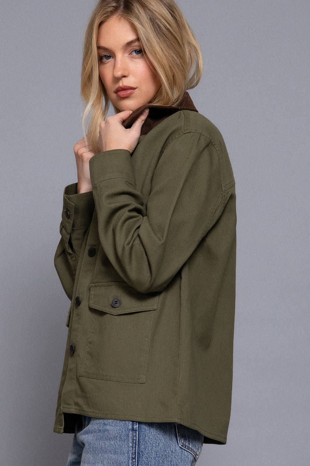 Long Sleeve Corduroy Collar Detail Cotton Twill Work Jacket