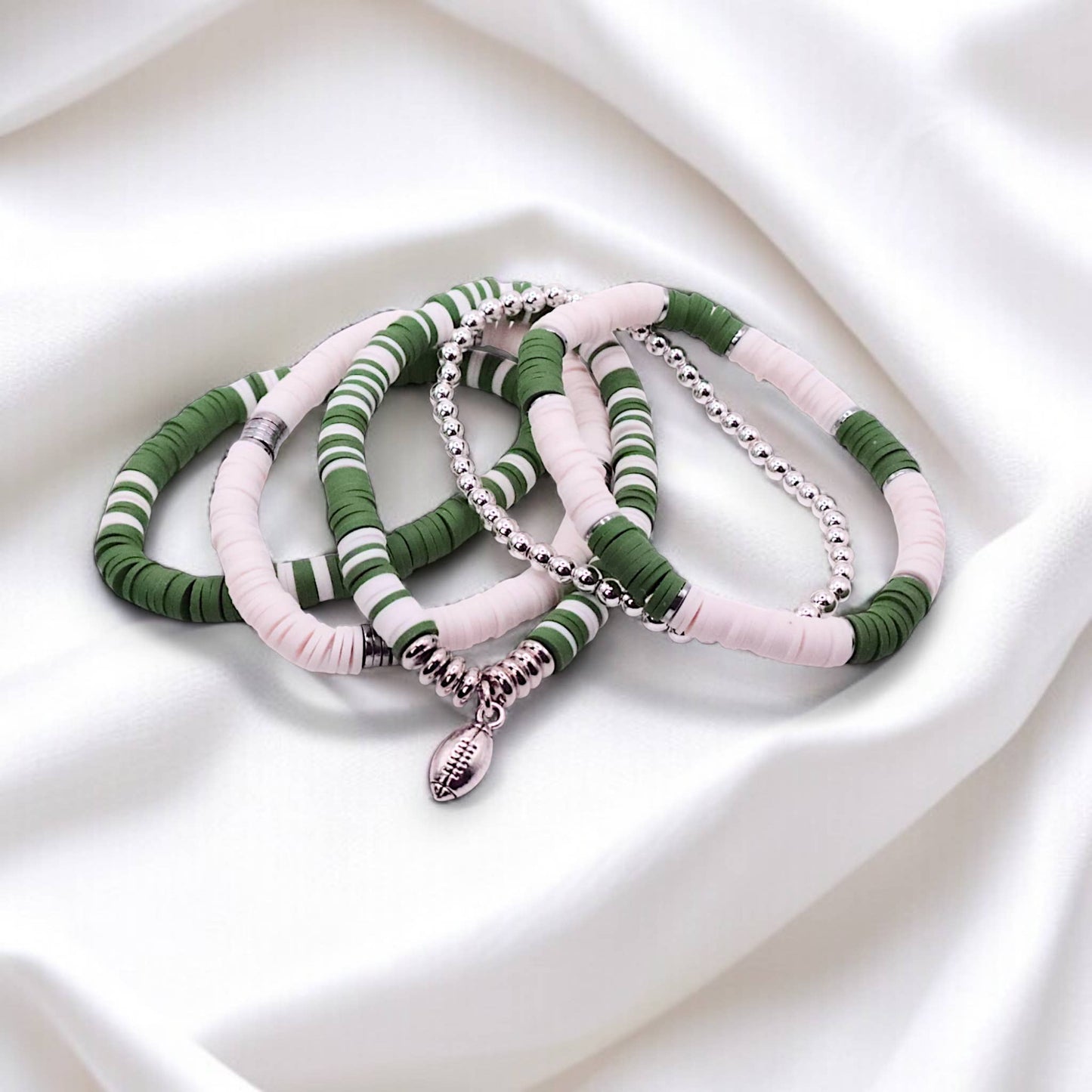 Green and White Game Day Bracelet Stack: Silver (7 inch)