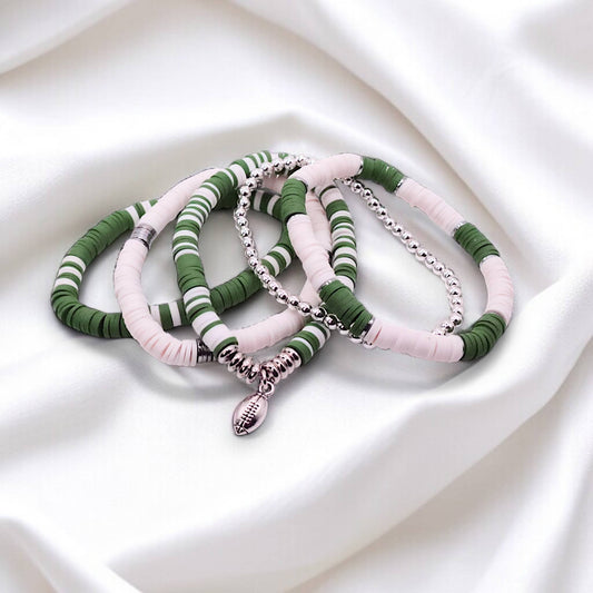 Green and White Game Day Bracelet Stack: Silver (7 inch)