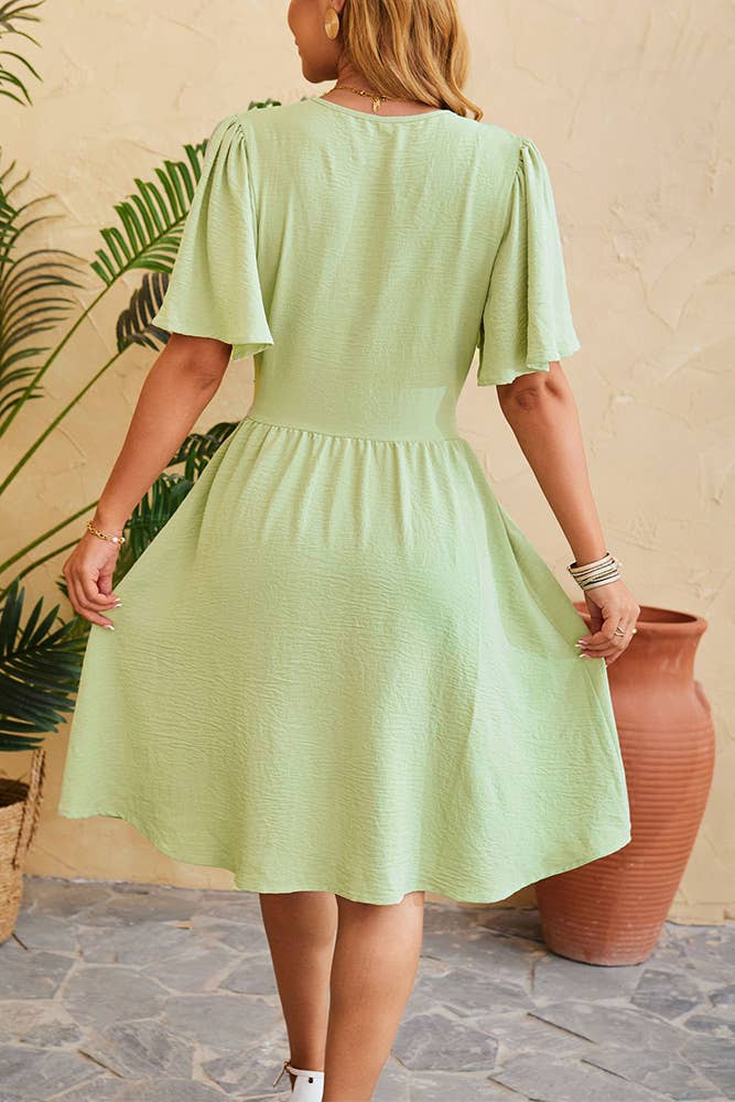 Plain V Neck Flare Sleeves High Waist Dress