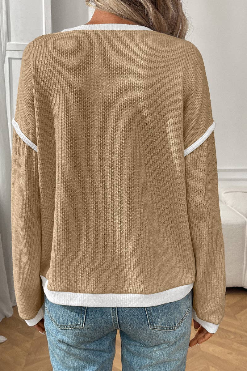 Colorblock Crewneck Knit Look Long Sleeve Pullover Top (Dark Blue)