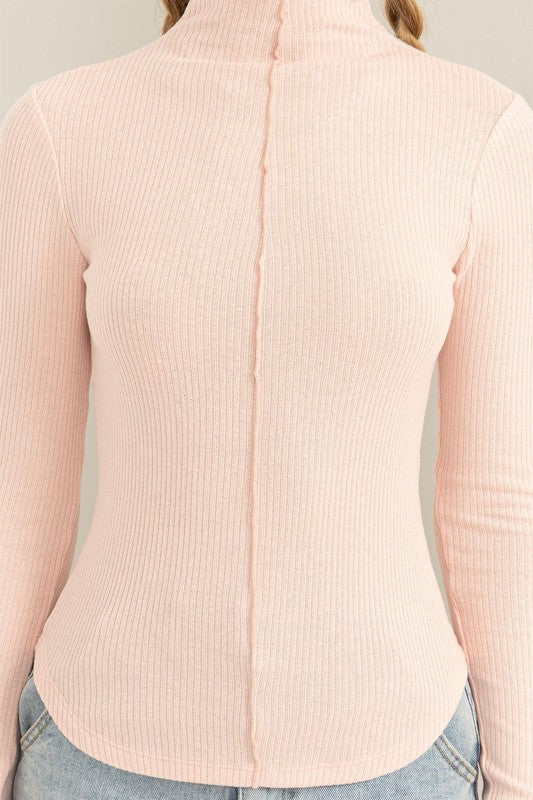 Ribbed High Neck Seam Detail Long Sleeve Top