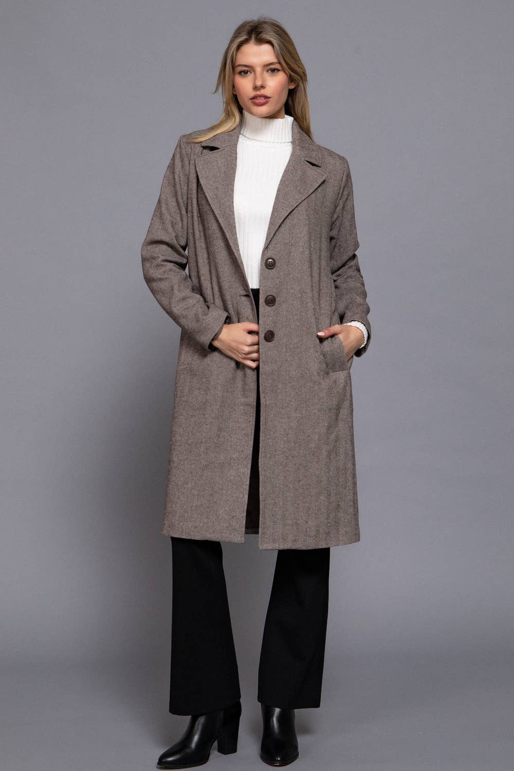 Herringbone Single Breasted Waist Fitted Long Coat