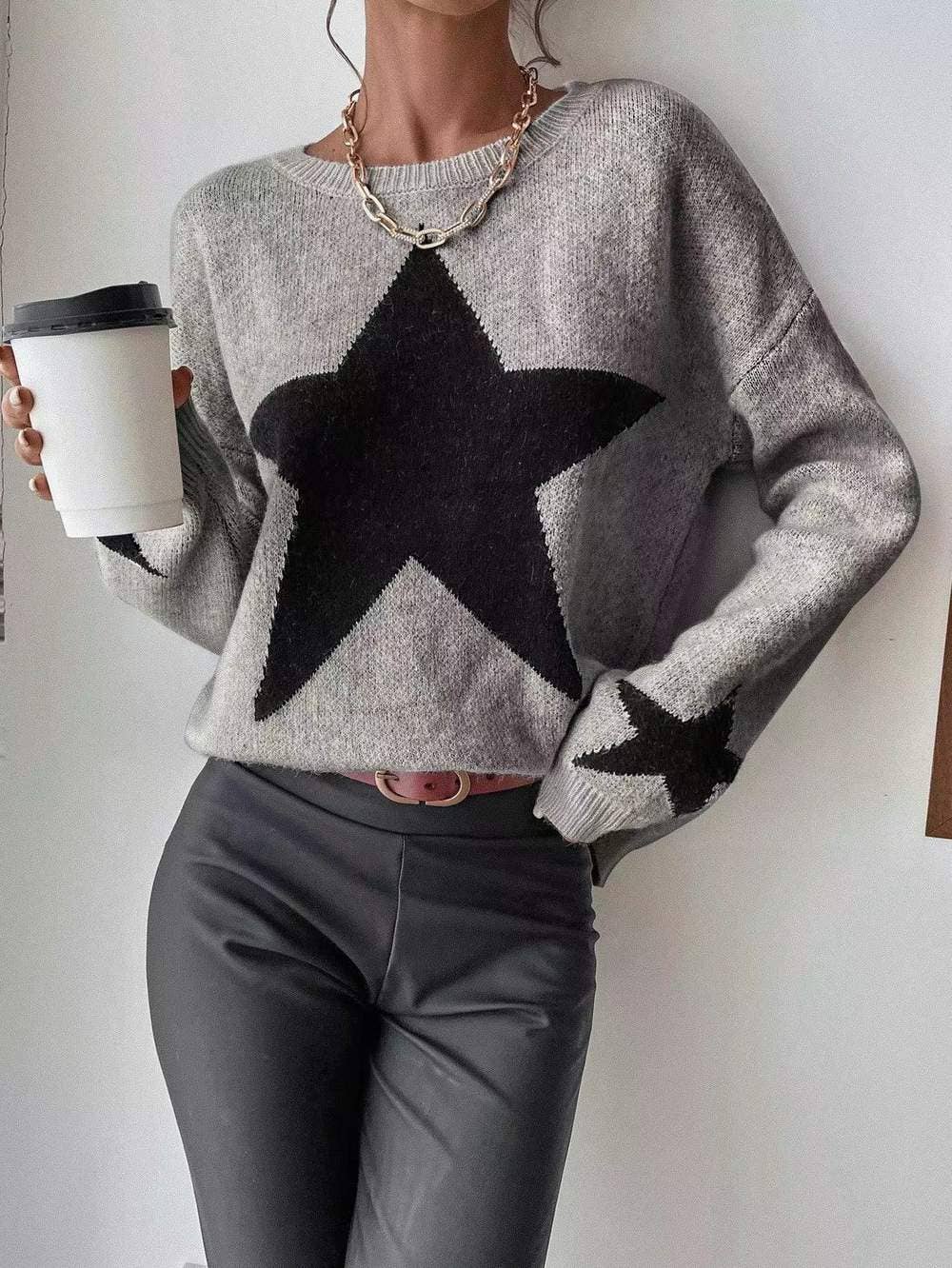 Drop Shoulder Star Pattern Sweater