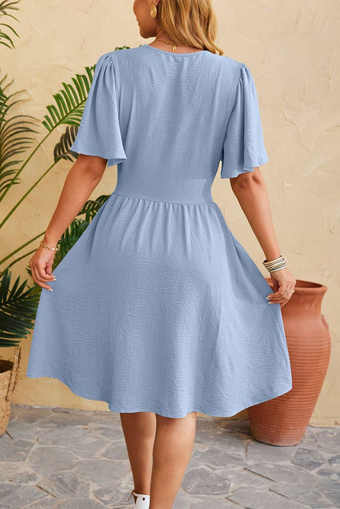 Plain V Neck Flare Sleeves High Waist Dress