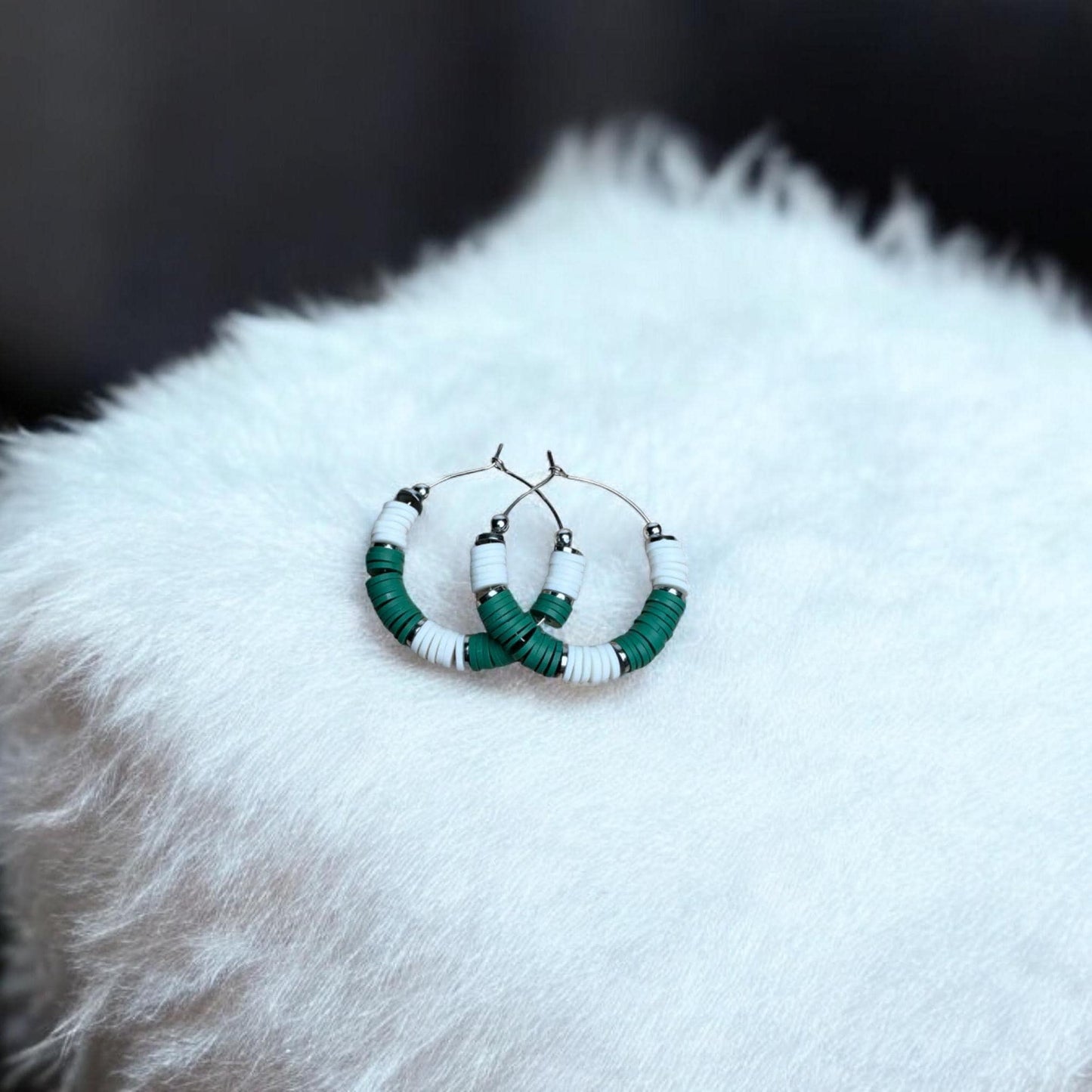 Green and White Game Day Hoop Earrings: 1 Inch / (2 by 2 or 5 by 5)