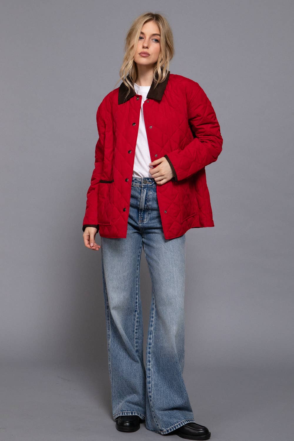 Long Sleeve Contrast Lapel Collar Quilted Puffer Work Jacket (red)