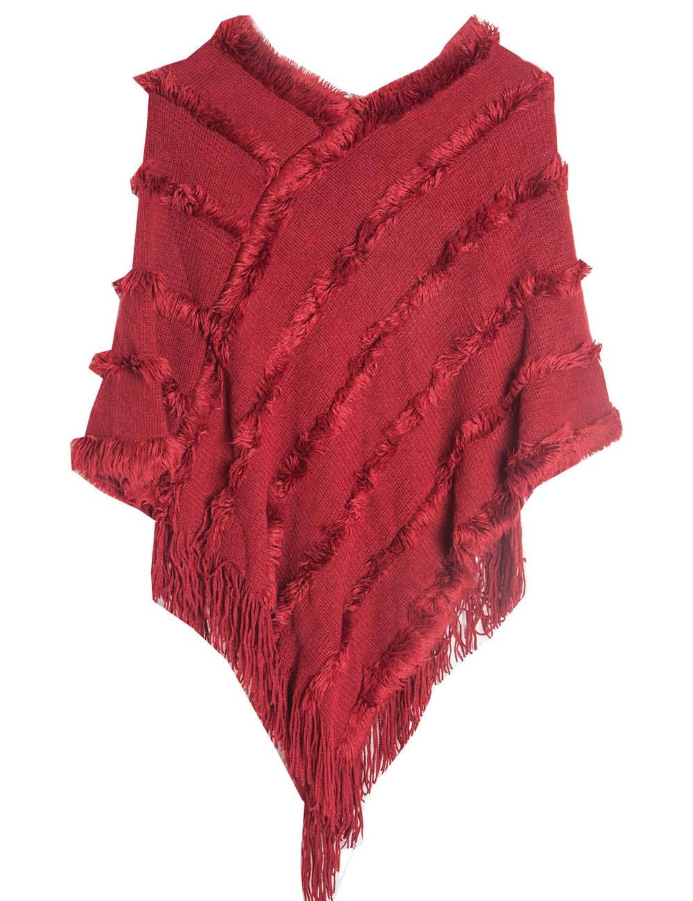 Tassel Trim Shawl with V-Neck and Hood