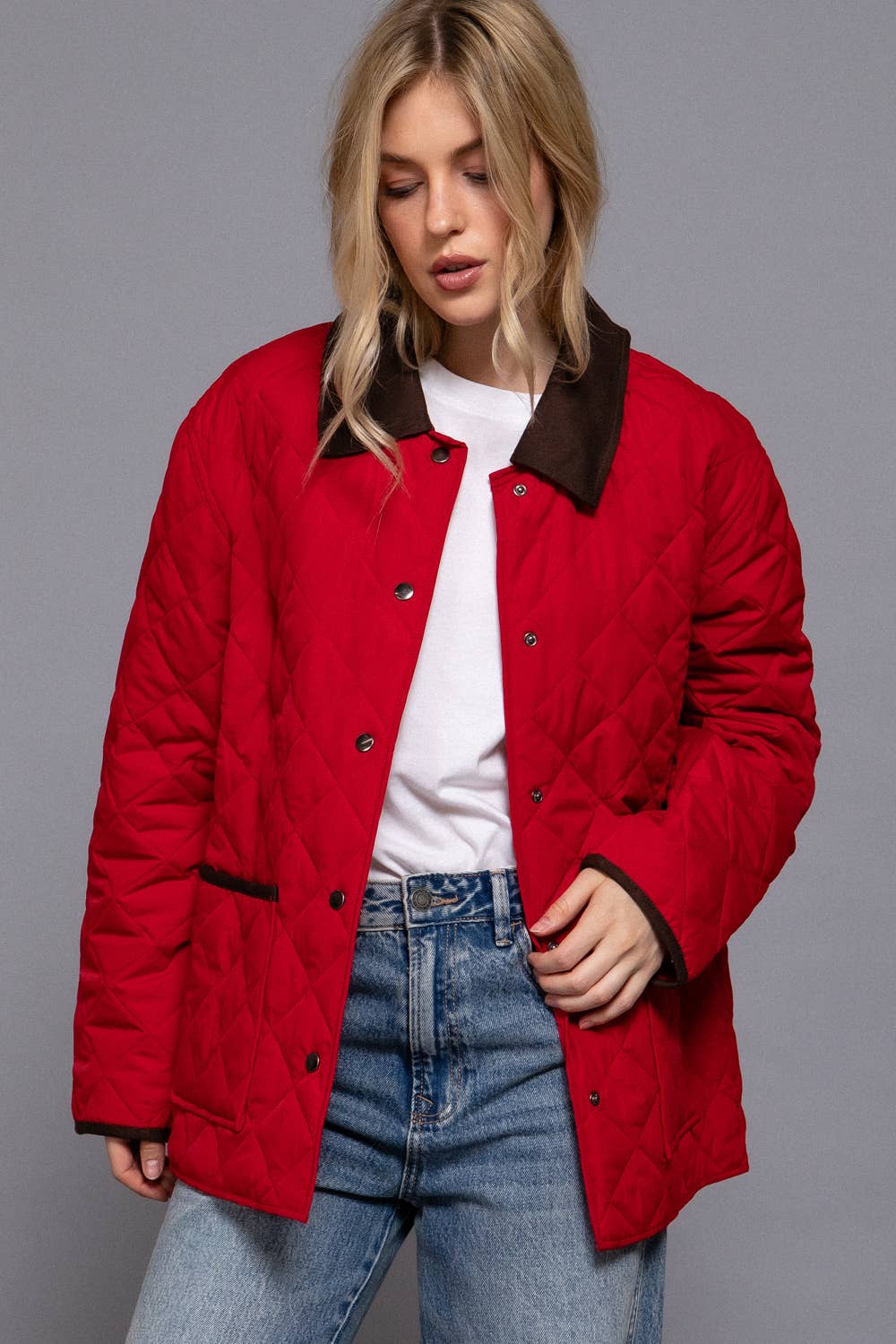 Long Sleeve Contrast Lapel Collar Quilted Puffer Work Jacket (red)