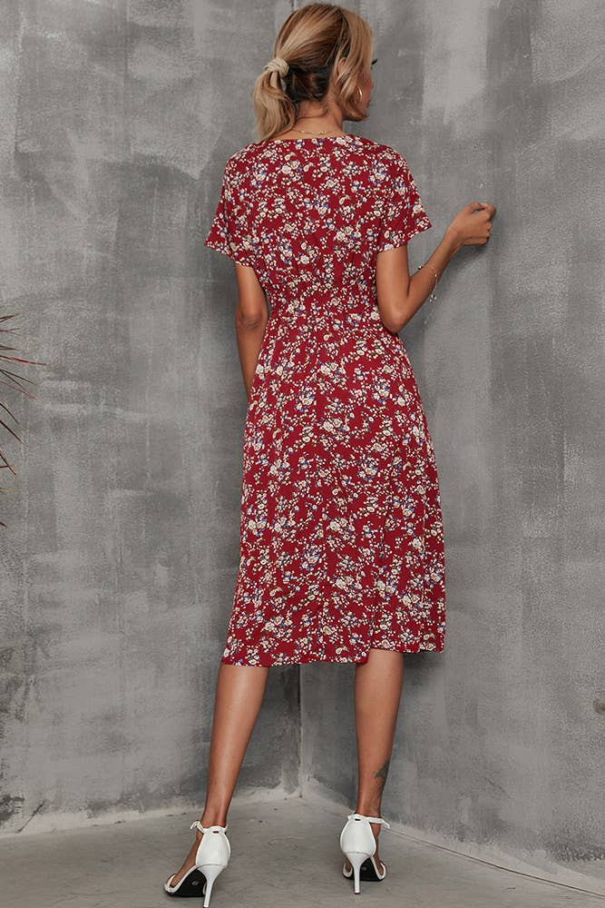 V Neck Smocked Waist Midi Floral Dress (Red Floral)