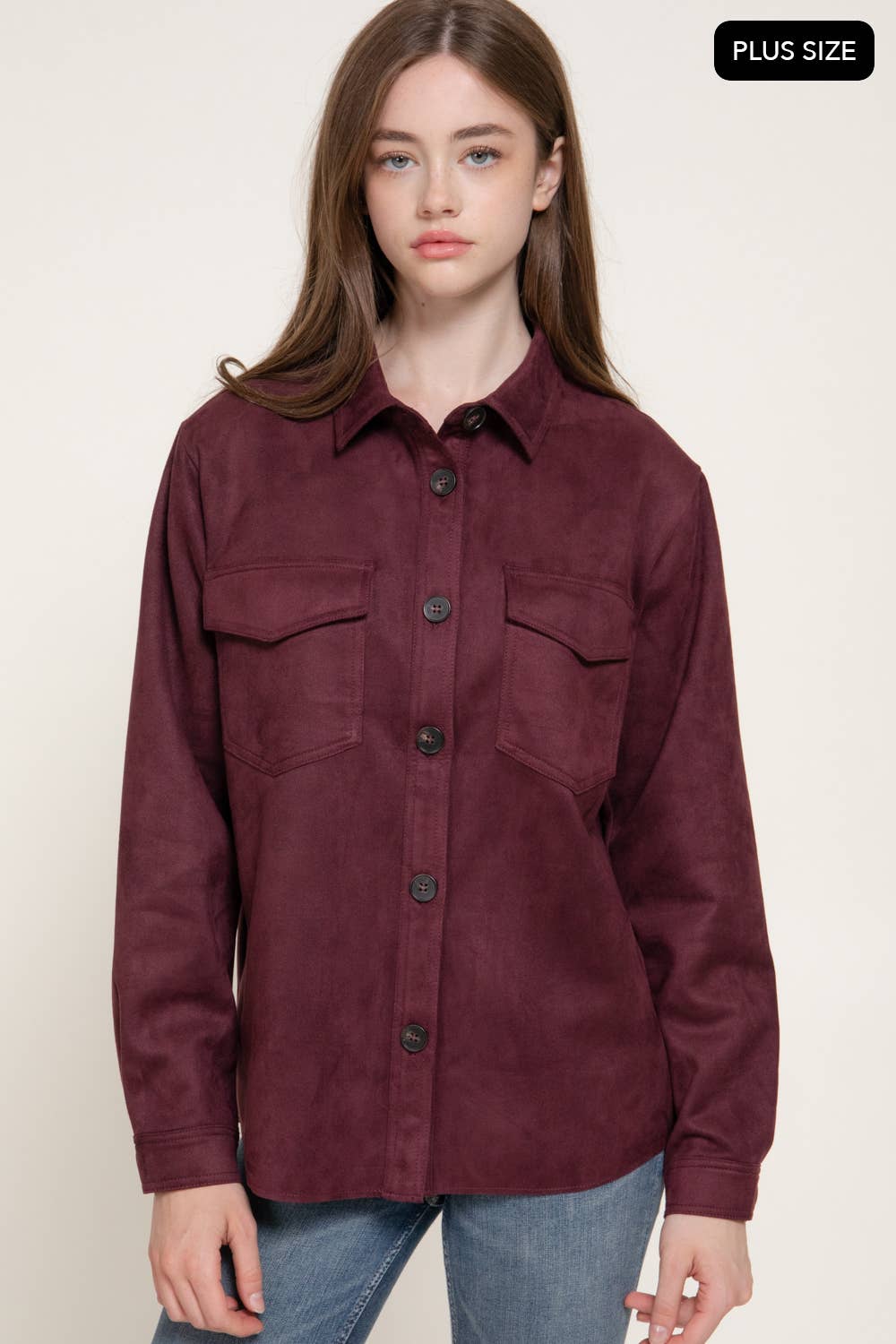 Long Sleeve Loose Fit Faux Suede Shacket (Plus Size)