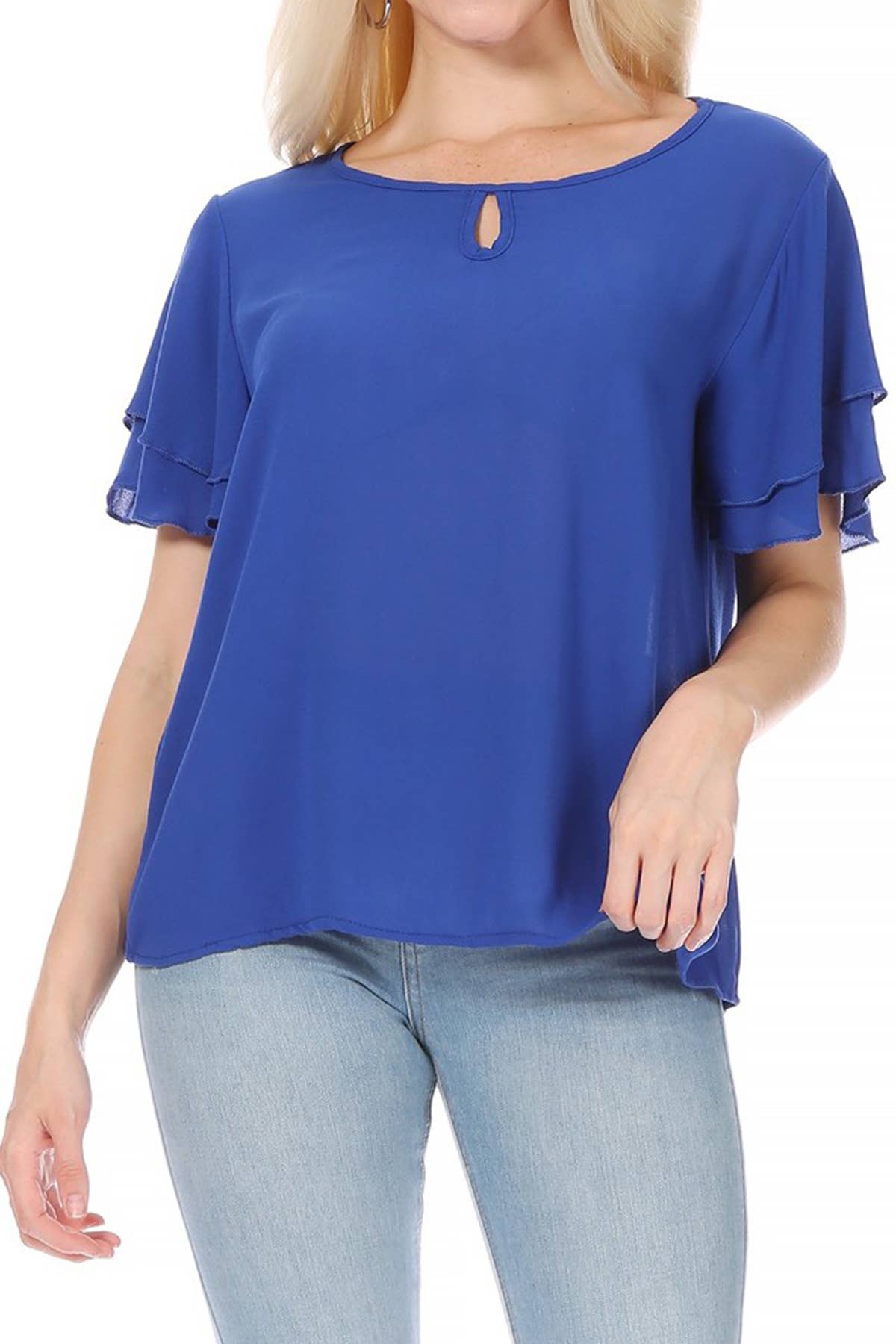 Casual Solid Flowy Short Flutter Sleeve Key Hole Blouse (Blue)