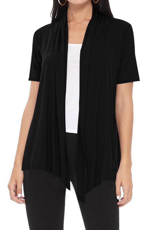 Women's Casual Short Sleeve Draped Open Front Solid Cardigan (Black)