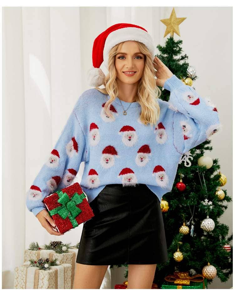 Santa's Head Pattern Crewneck Pullover Sweater