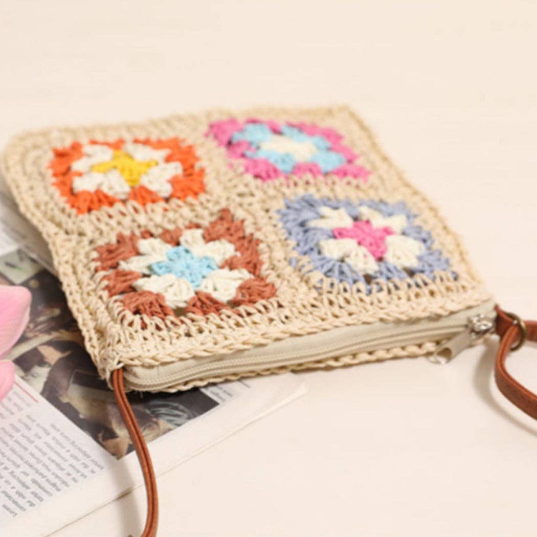 Vintage Square Crochet Flower Crossbody Bag