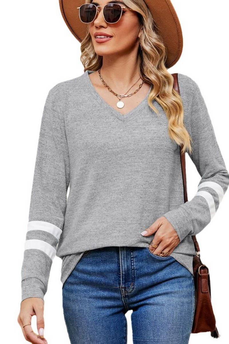 V-Neck Long Sleeved Contrast Color Top