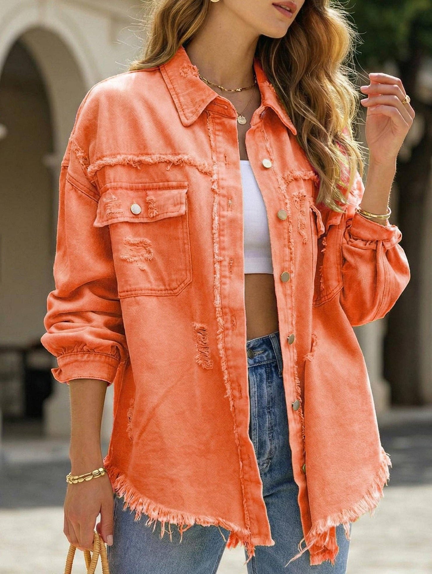 Denim Coat with Lapel and Ripped Raw Edge