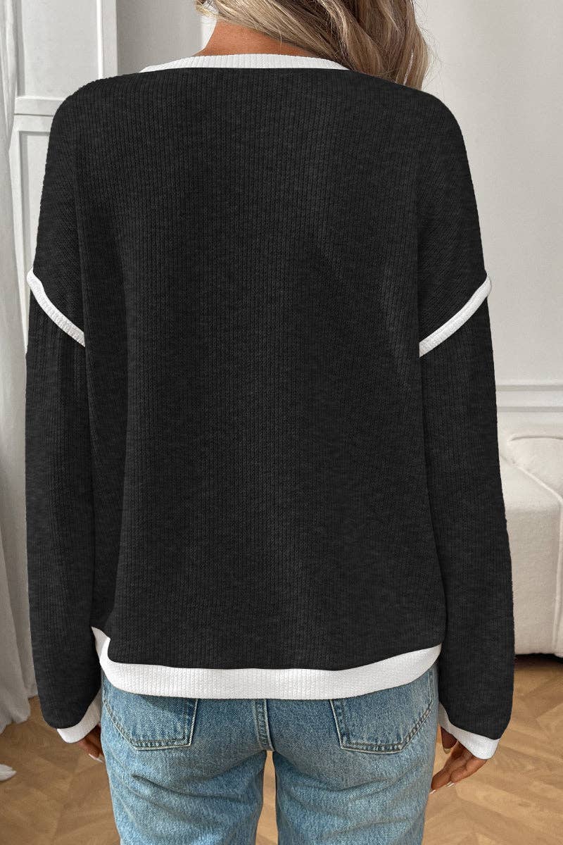 Colorblock Crewneck Knit Look Long Sleeve Pullover Top (Dark Blue)