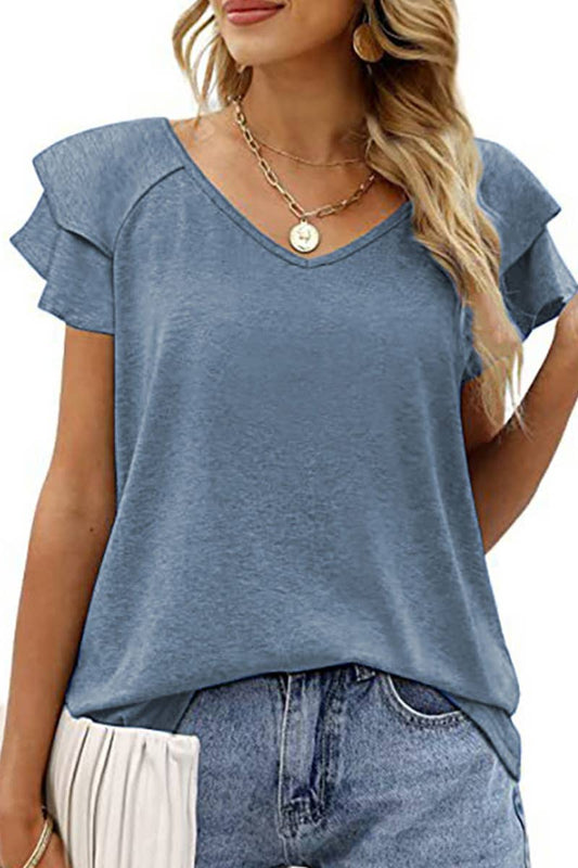 V-Neck Double Sleeve Loose Top (Blue Grey)