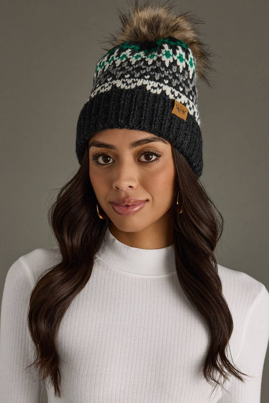 Dark Gray, White & Green Winter Pattern Pom Hat