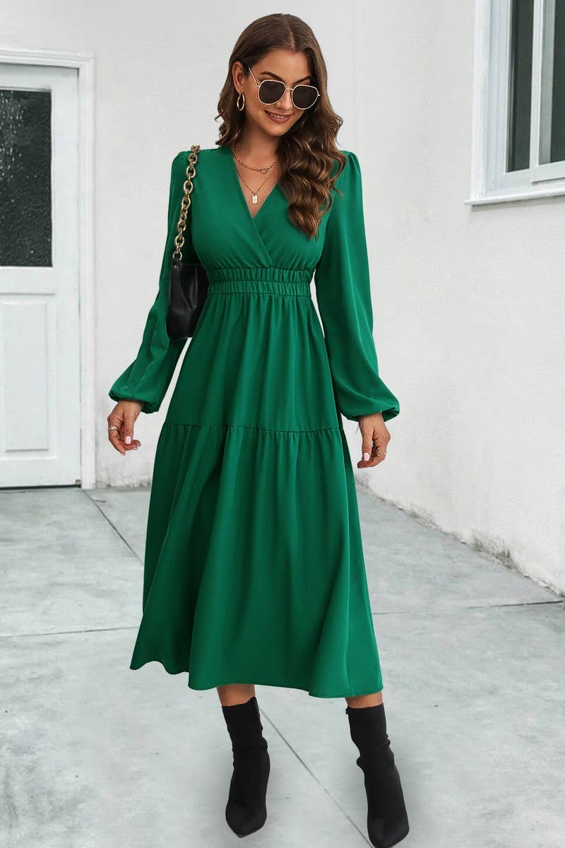 Elastic Waist V-Neck Long Sleeve Maxi Dress