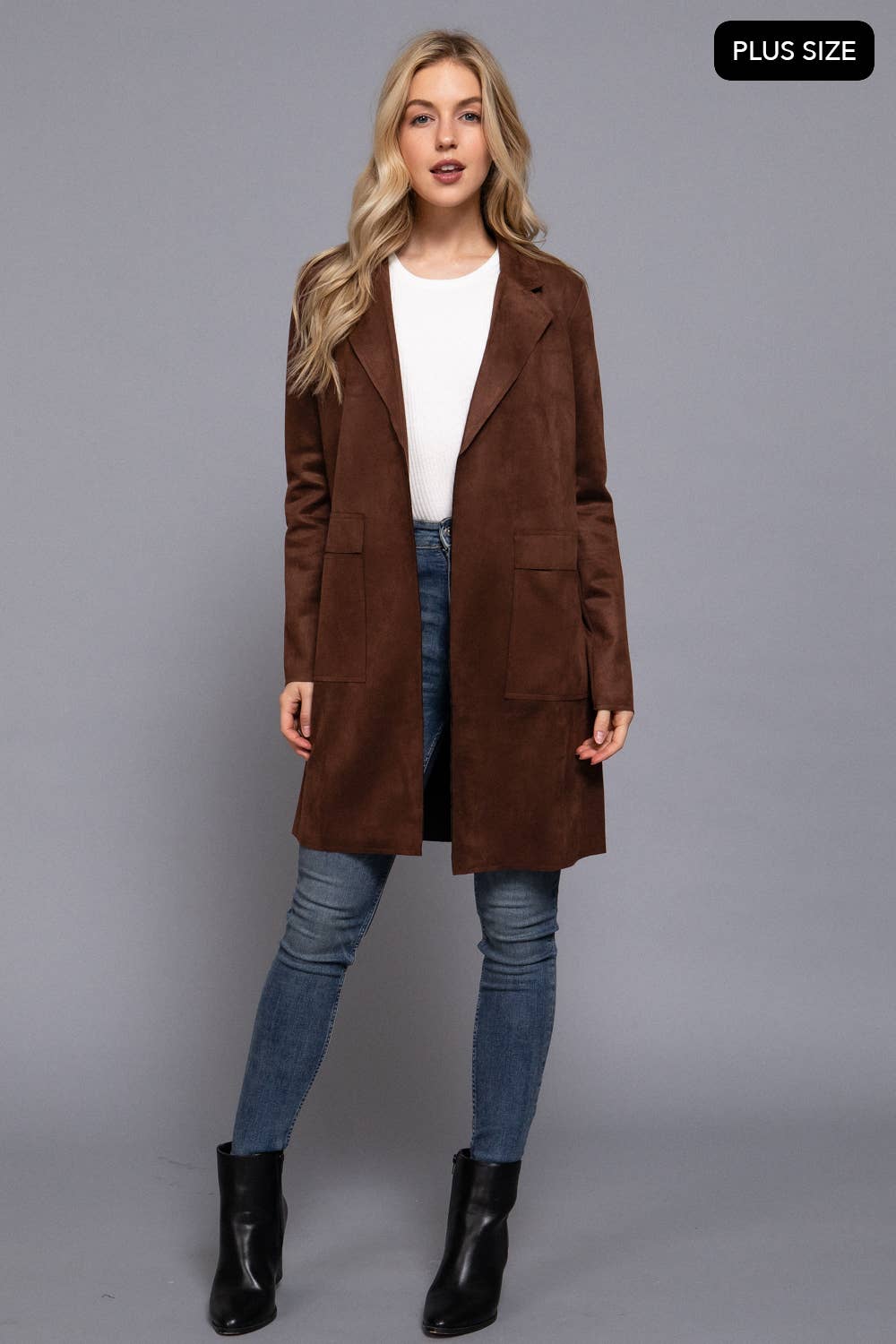 Long Sleeve Open Front Faux Suede Jacket (Plus Size)