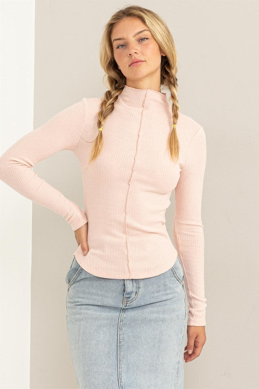 Ribbed High Neck Seam Detail Long Sleeve Top