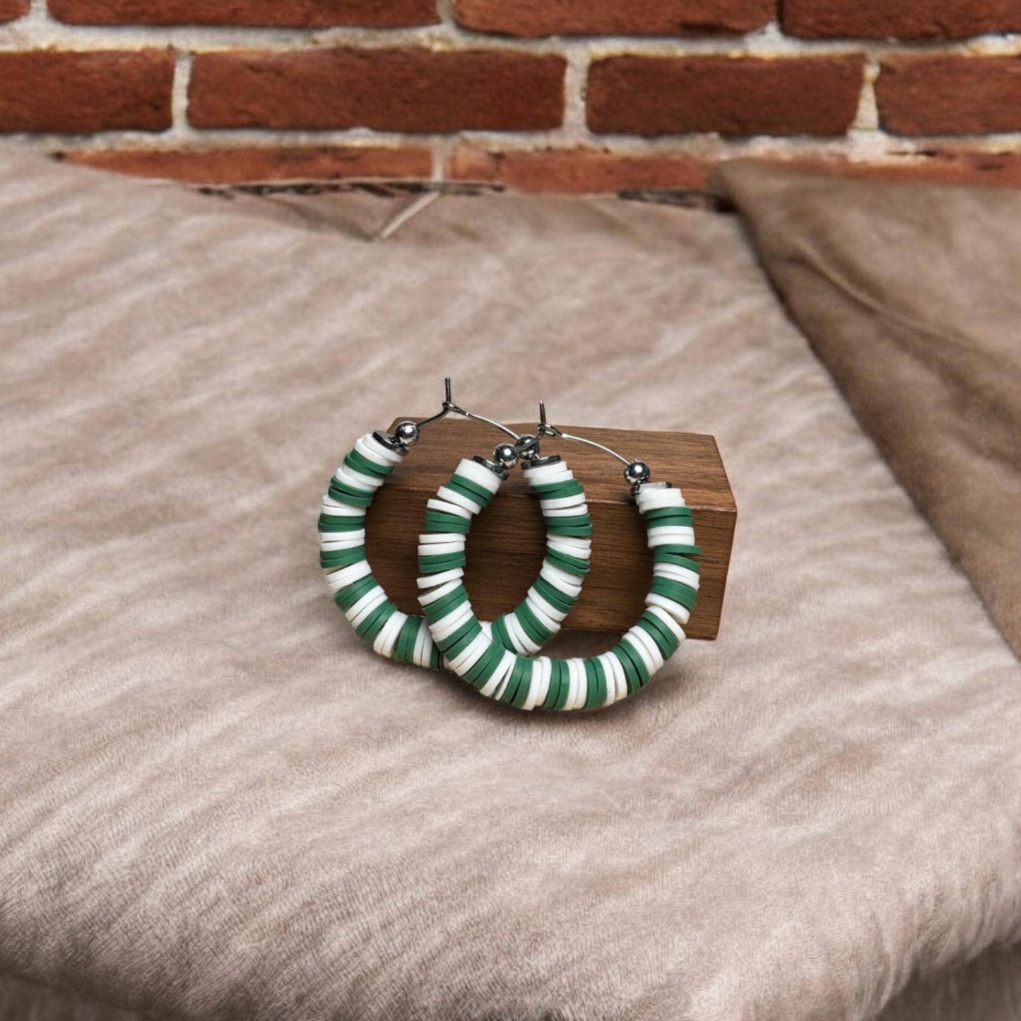 Green and White Game Day Hoop Earrings: 1 Inch / (2 by 2 or 5 by 5)