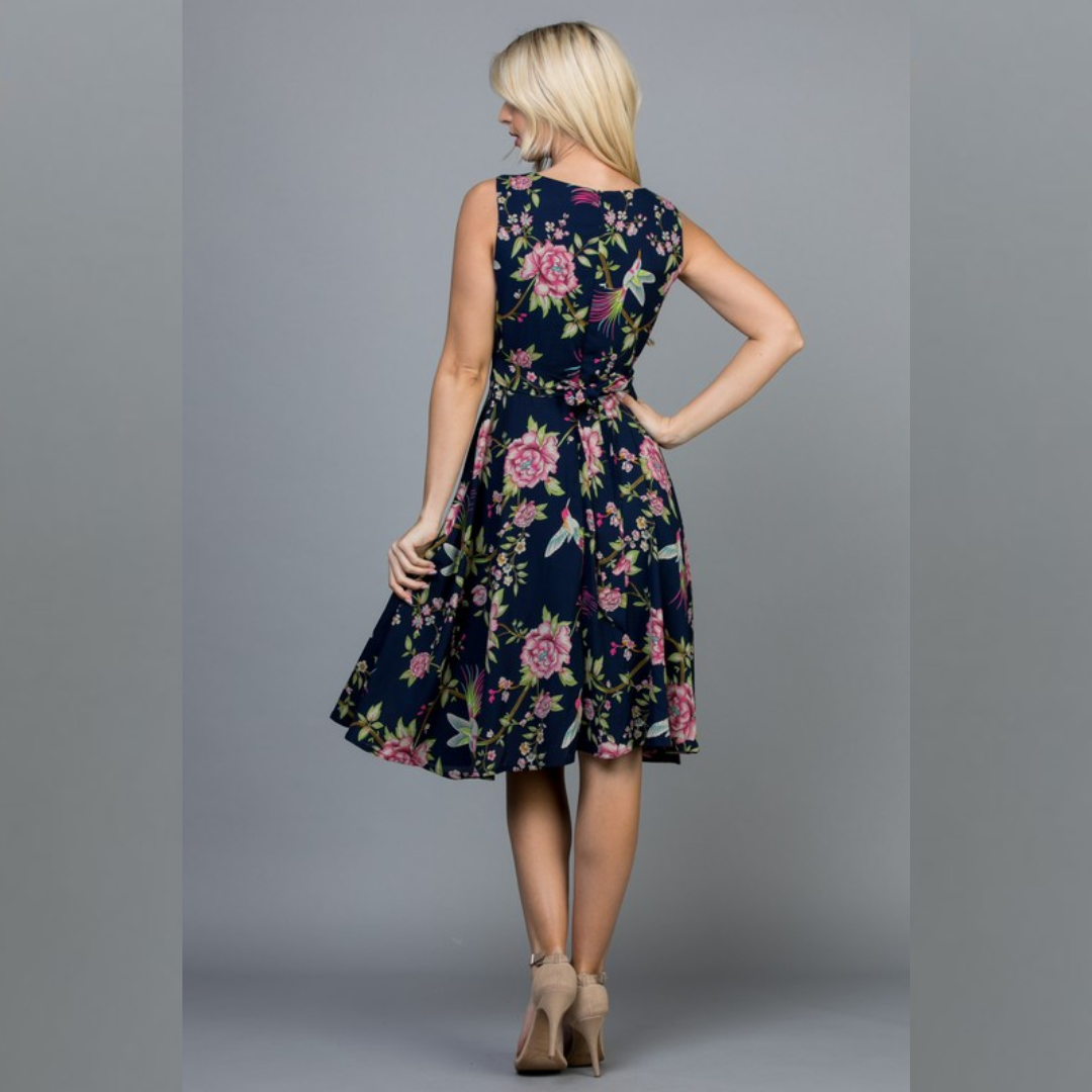 Floral with Peacock Print Midi Dress with Tie Back (Navy)