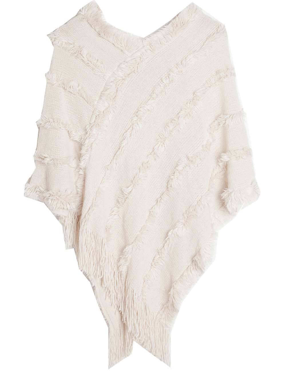 Tassel Trim Shawl with V-Neck and Hood