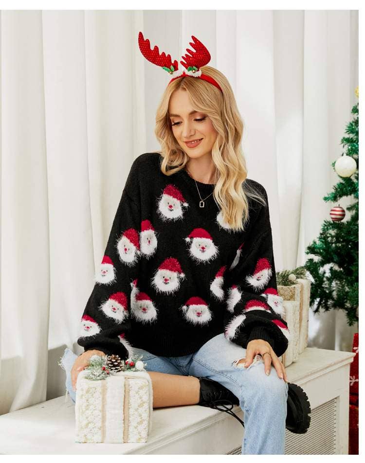 Santa's Head Pattern Crewneck Pullover Sweater
