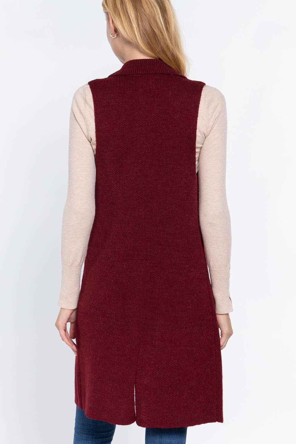 Sleeveless Notched Collar Long Sweater Vest