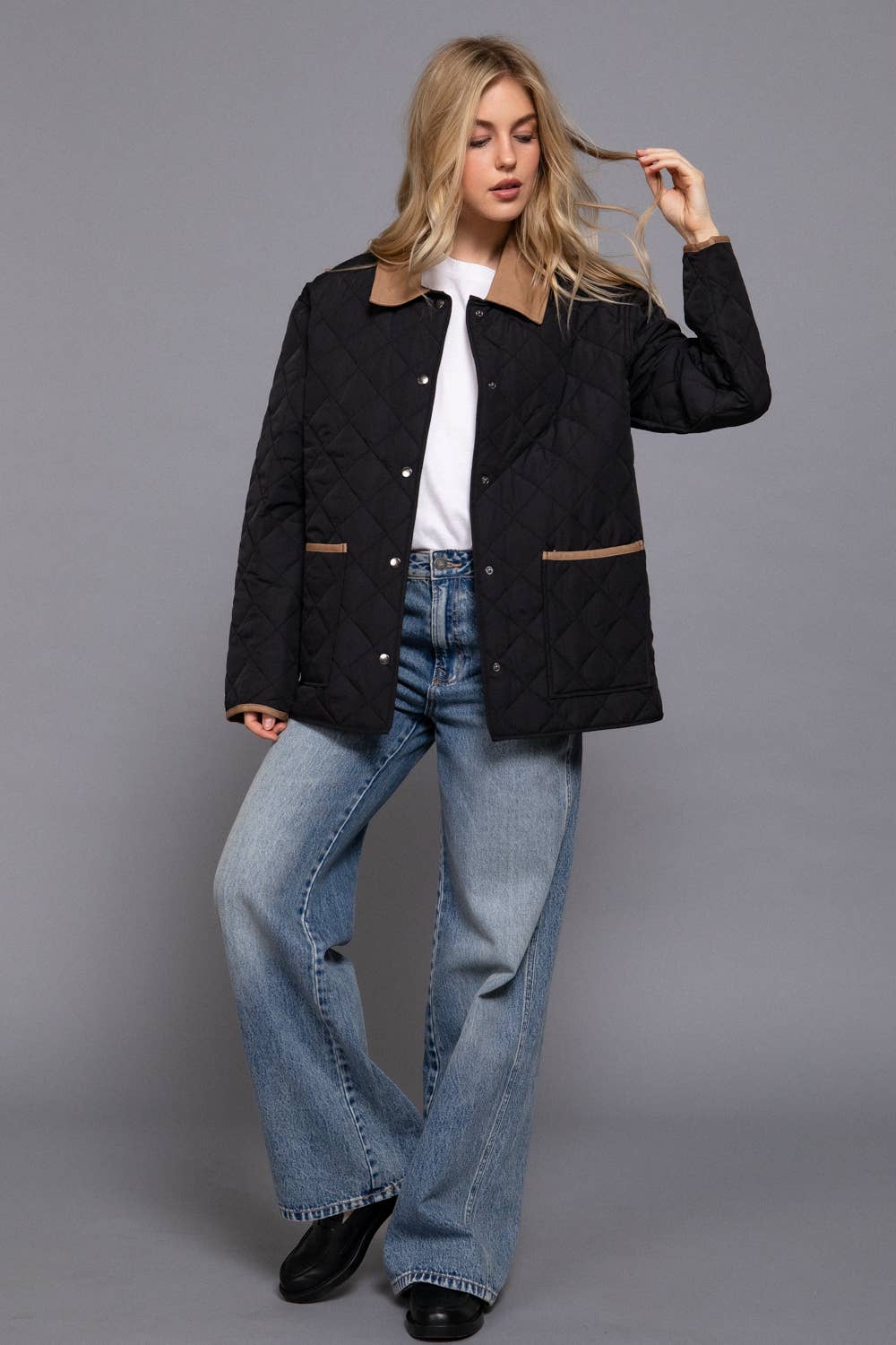 Long Sleeve Contrast Lapel Collar Quilted Puffer Work Jacket (red)