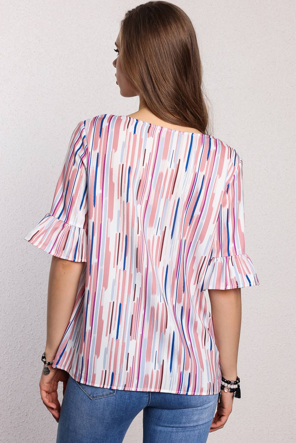 Women Multicolor Striped Ruffle Half Sleeve Blouse