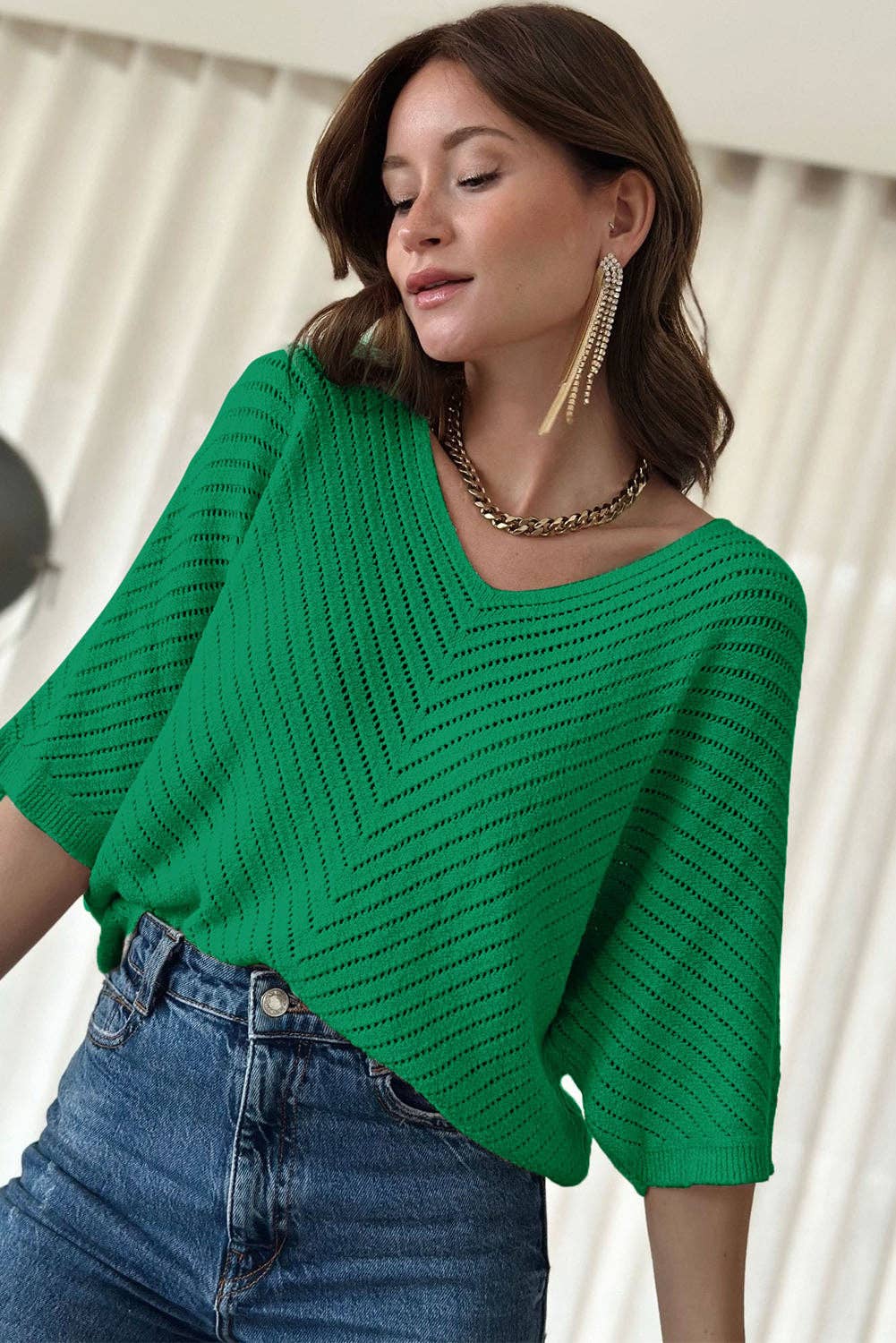 Green Half Sleeve V Neck Pointelle Knitted Sweater Top