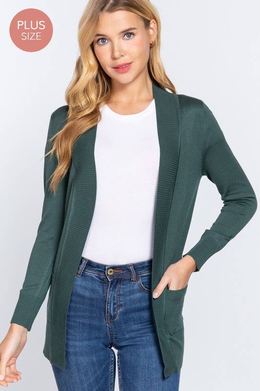 Long Sleeve Rib Banded Open Sweater Plus Size Cardigan (Black)