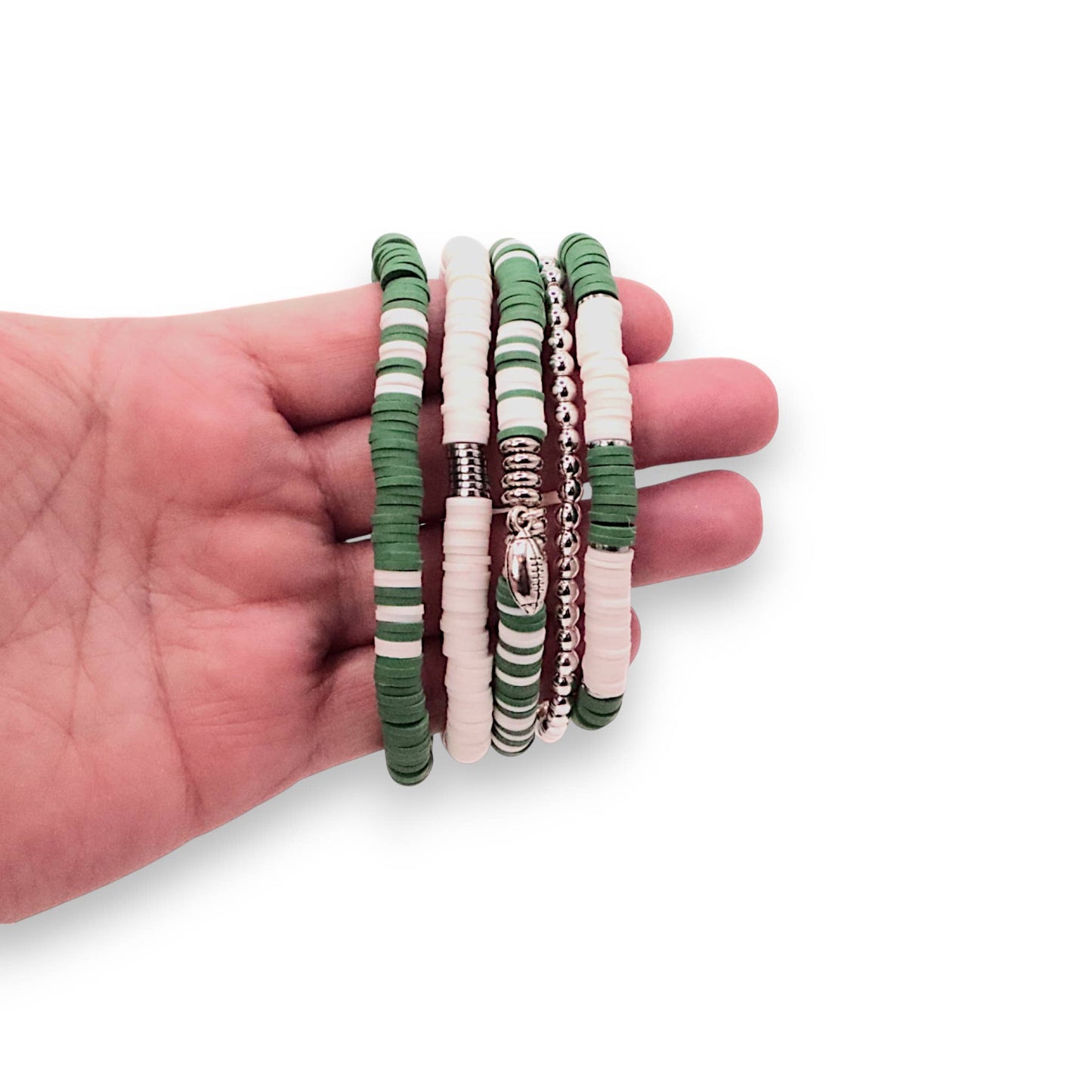 Green and White Game Day Bracelet Stack: Silver (7 inch)