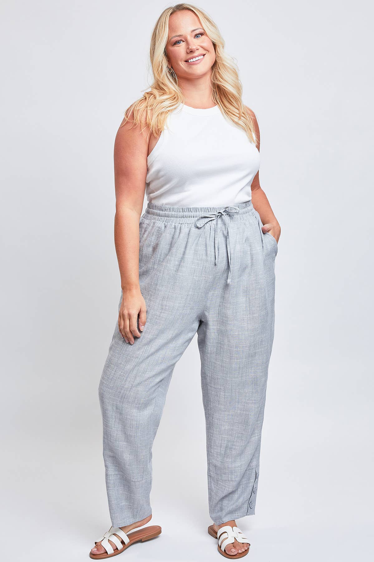 Linen Button Hem Flood Pants (Missy Plus Size)