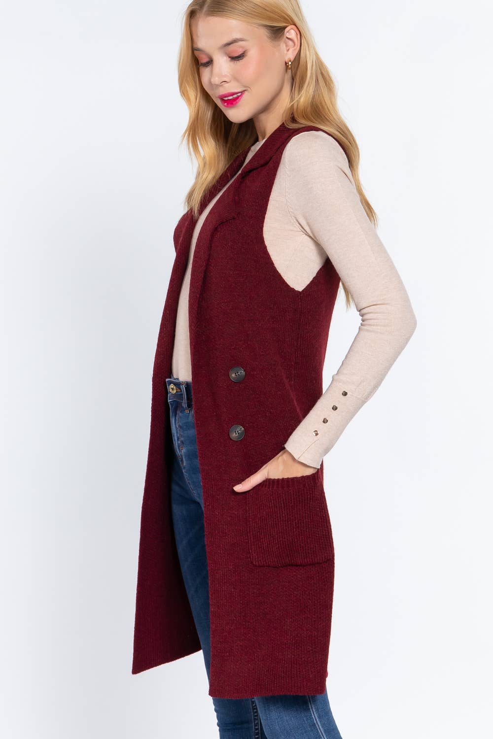 Sleeveless Notched Collar Long Sweater Vest