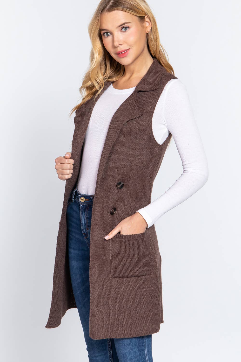 Sleeveless Notched Collar Long Sweater Vest