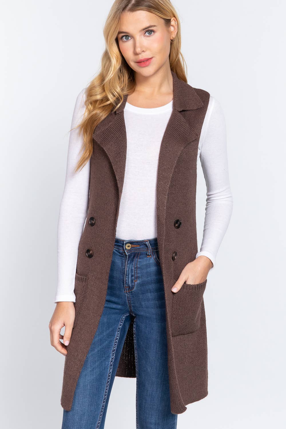 Sleeveless Notched Collar Long Sweater Vest