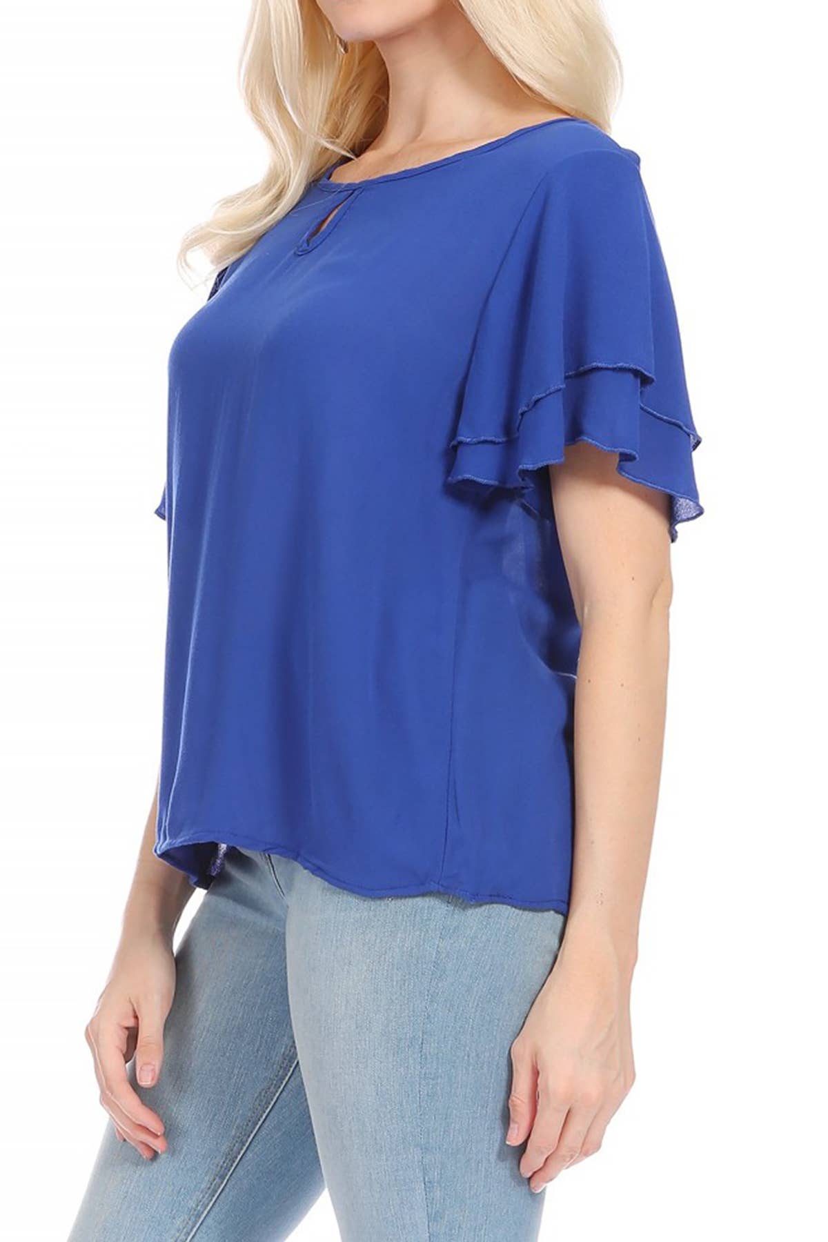 Casual Solid Flowy Short Flutter Sleeve Key Hole Blouse (Blue)
