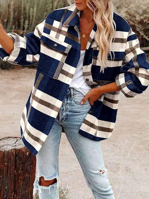 Plaid Button Flannel Shirt Jacket (Green)