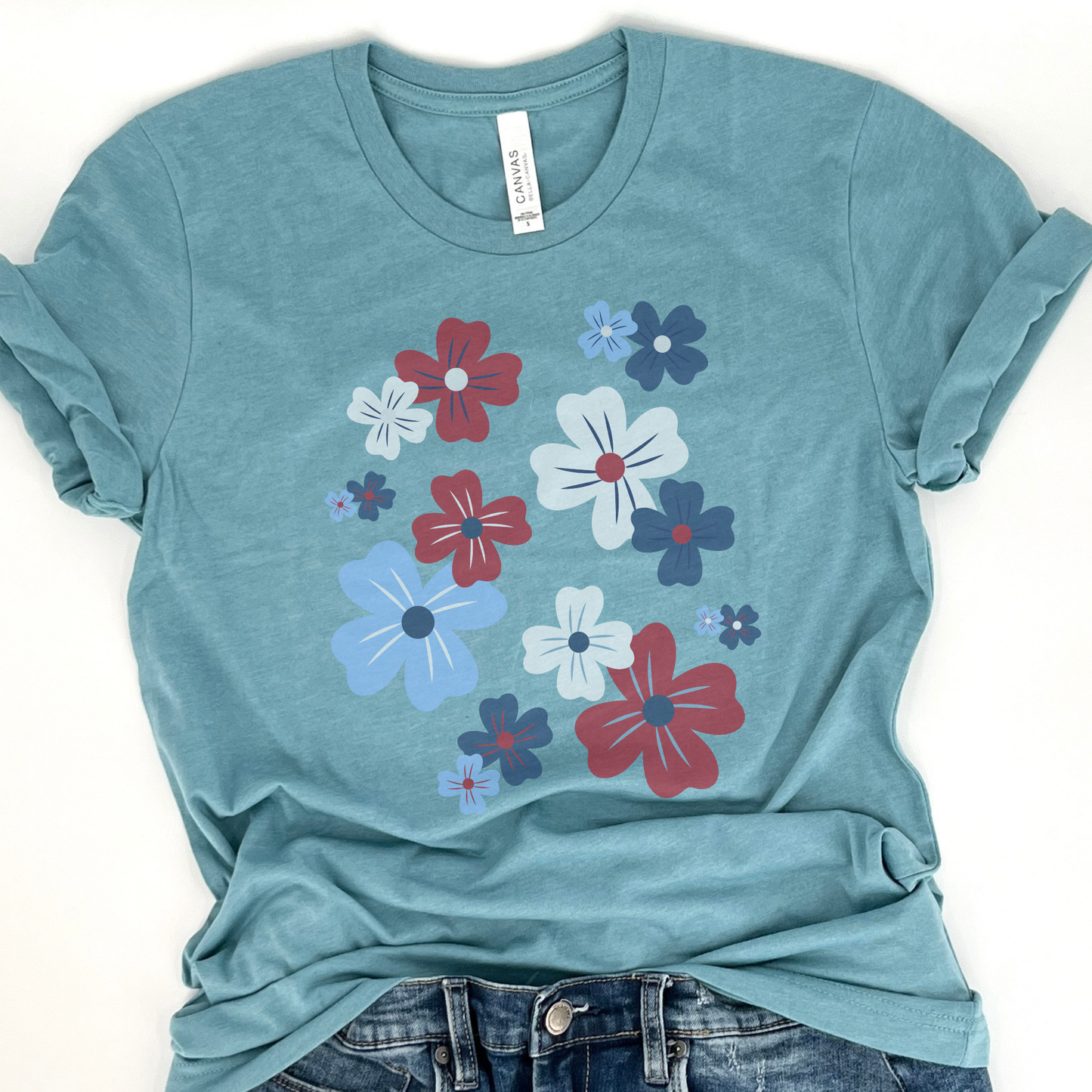 Red, White & Blue Flower Graphic T-Shirt