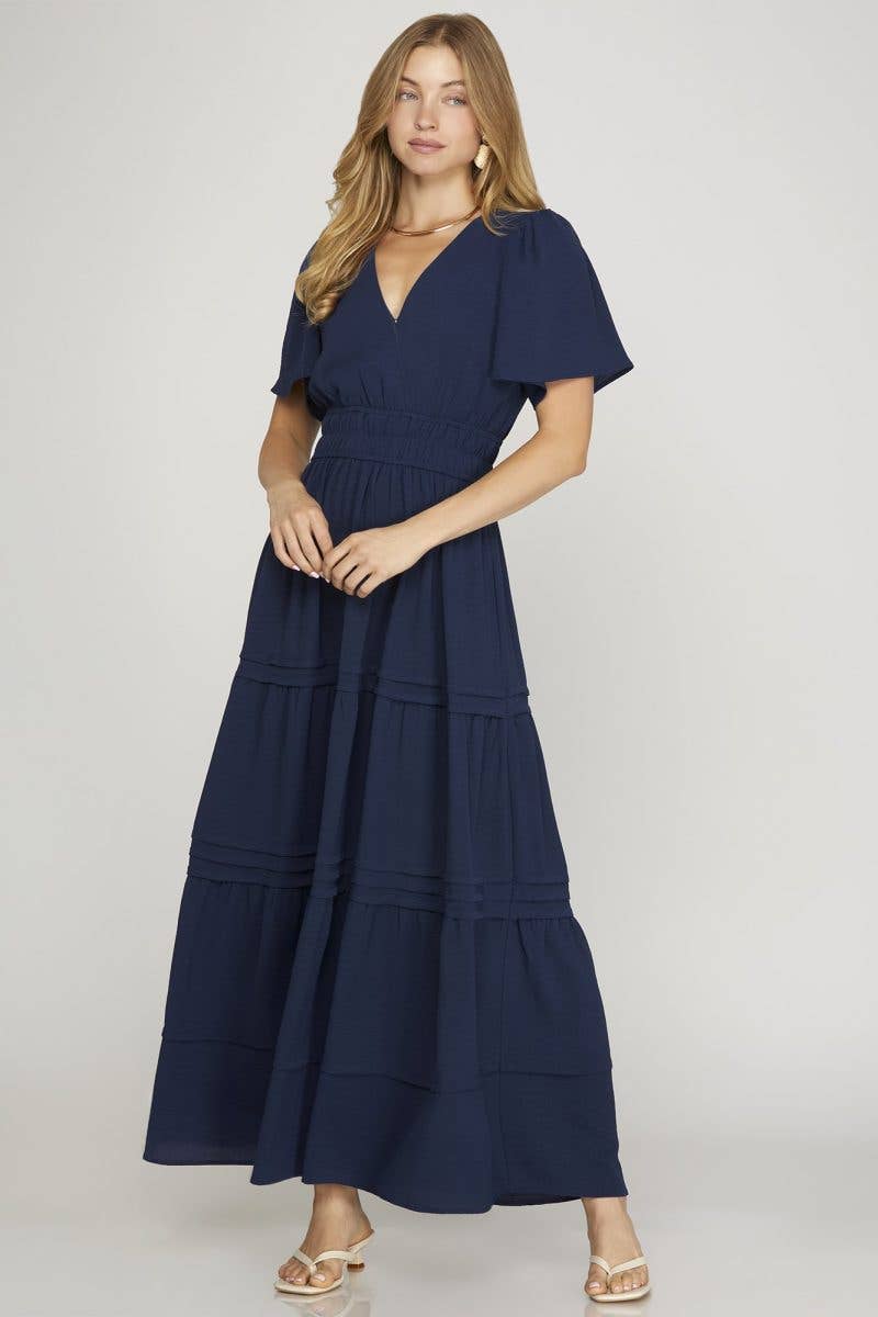 Surplice Pintuck Tiered Woven Maxi Dress
