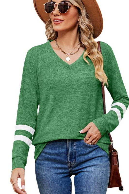 V-Neck Long Sleeved Contrast Color Loose Top