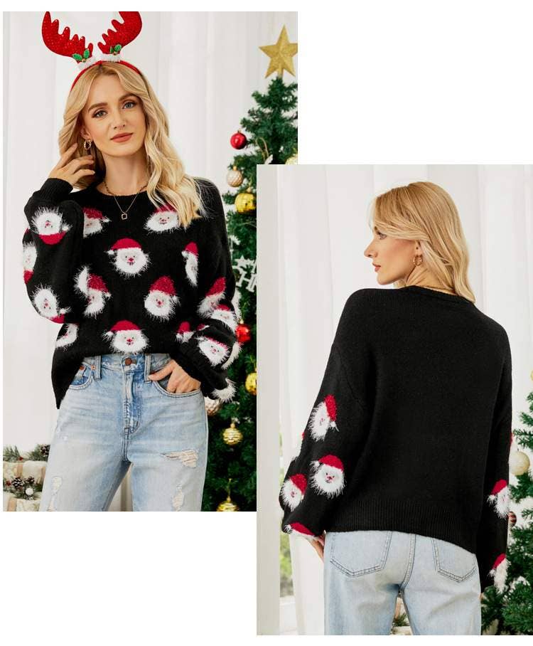 Santa's Head Pattern Crewneck Pullover Sweater