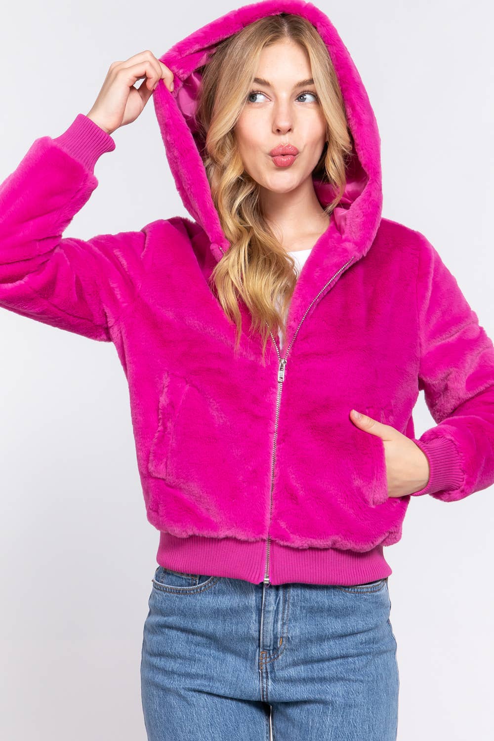 Long Sleeve Zip Up with Hoodie Faux Fur Jacket
